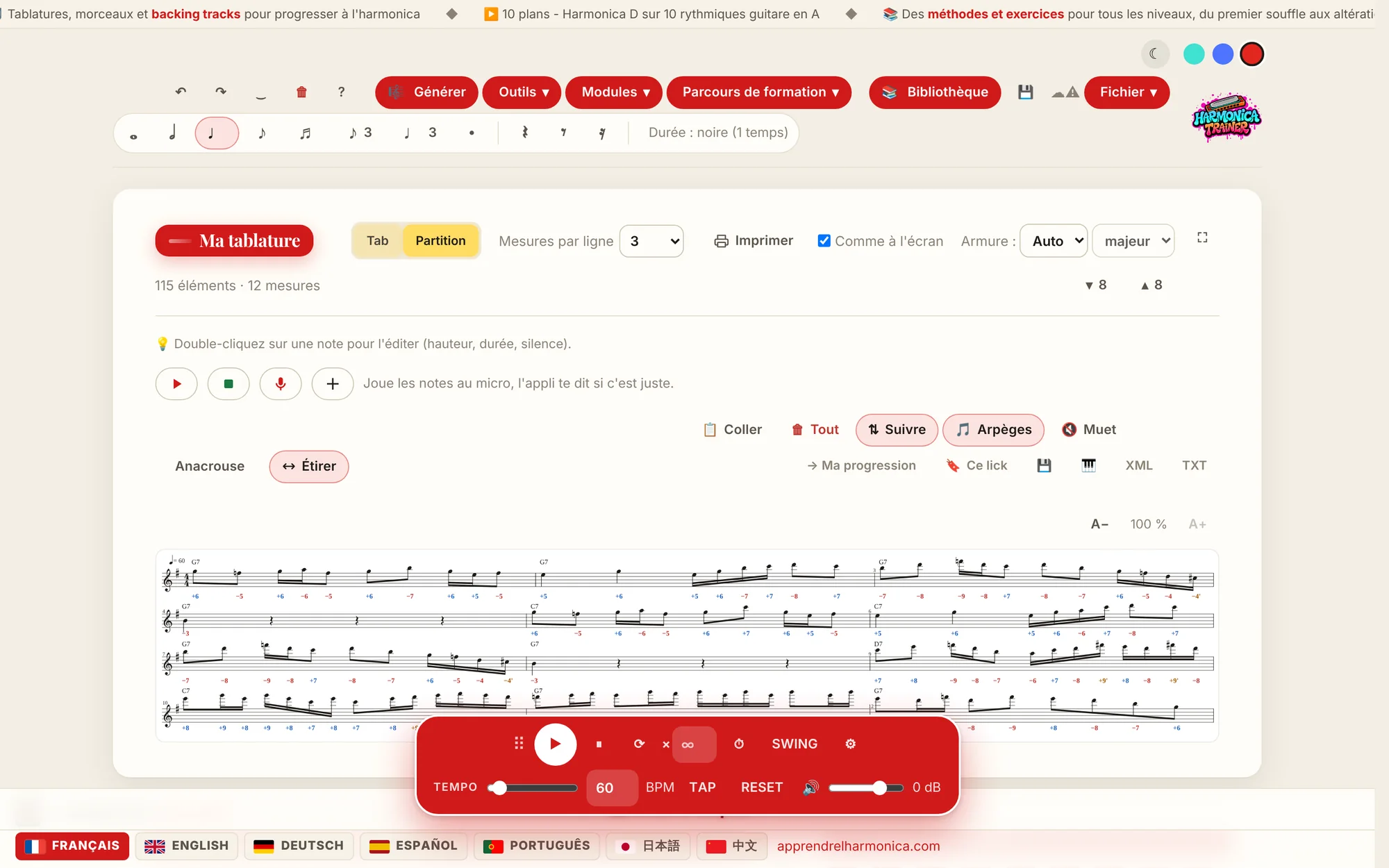 HarmonicaTrainer v3 : Ma tablature en vue Partition, schéma de l'harmonica et lecteur flottant